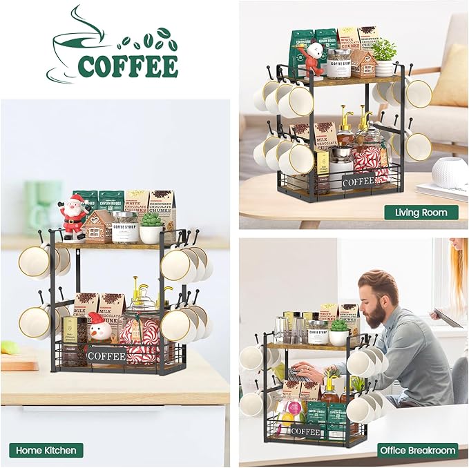 EsLuker.ly Coffee Mug Cup Holder Tree Bar Station Organizer, 2 Tier Mug Stand Rack for Countertop Kitchen, Storage Tower Display Shelf with 12 Hooks, Coffee Nook Enhancer, Vintage Brown Black