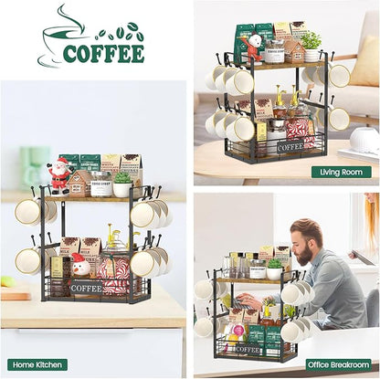 EsLuker.ly Coffee Mug Cup Holder Tree Bar Station Organizer, 2 Tier Mug Stand Rack for Countertop Kitchen, Storage Tower Display Shelf with 12 Hooks, Coffee Nook Enhancer, Vintage Brown Black