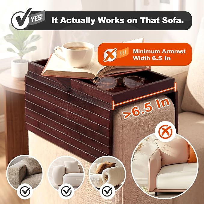 Sofa Arm Tray, Foldable Bamboo Couch Armrest Table with Large 12.5" x 5.8" Storage Compartment, Portable Chair Couch Caddy Arm Tray for Cup TV Snacks Phone (Velvet Mahogany)