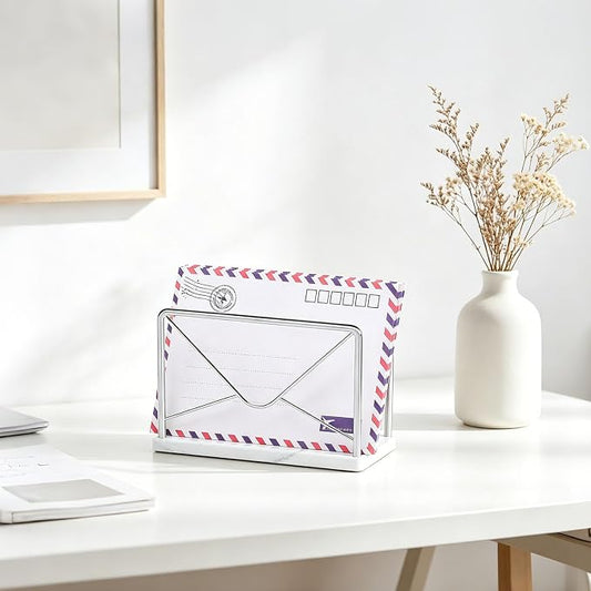 Modern Mail Holder for Home Office, Metal Letter Organizer Sorter for Desk, Cutout Mail Envelope Design, Bill Filling Paper Document Rack, Envelope Storage Rack with Marble Base (Chrome)