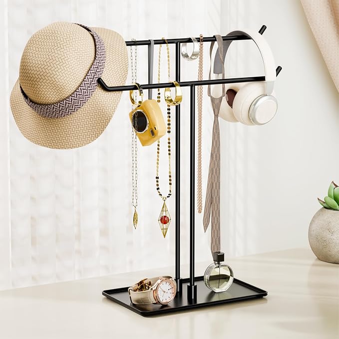 Bussdis Necklace Stand: Black Metal Necklace Organizer for Home Decor