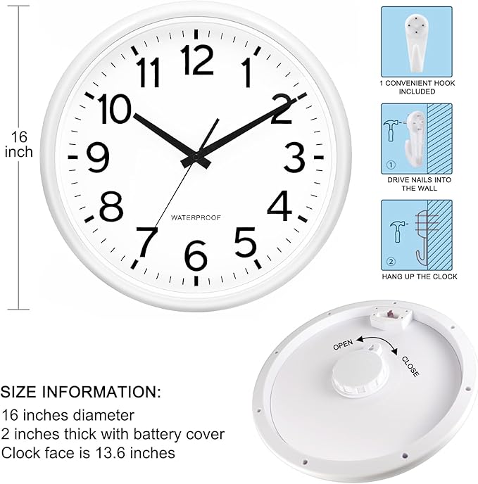 Caysie 16 Inch Sealed Large Outdoor Clock Waterproof, Silent Battery Operated Weatherproof Wall Clocks for Pool Patio Outside Home (White)
