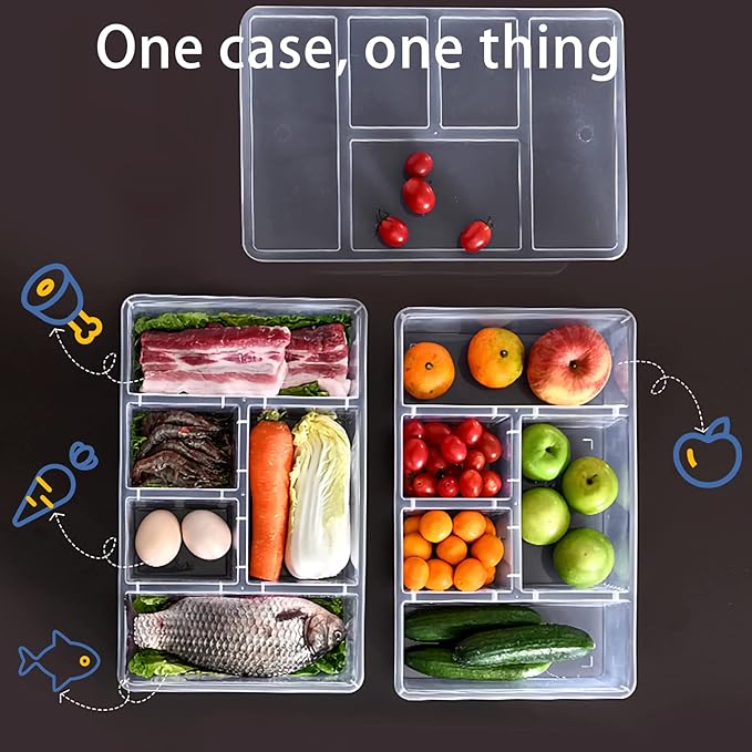MANO 2 Pack Divided Veggie Tray with Lid - 5 Compartment Clear Snack Containers for Fridge, Stackable Produce Saver Storage for Fruits, Vegetables, Meat & Fish
