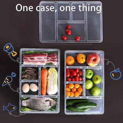 MANO 2 Pack Divided Veggie Tray with Lid - 5 Compartment Clear Snack Containers for Fridge, Stackable Produce Saver Storage for Fruits, Vegetables, Meat & Fish