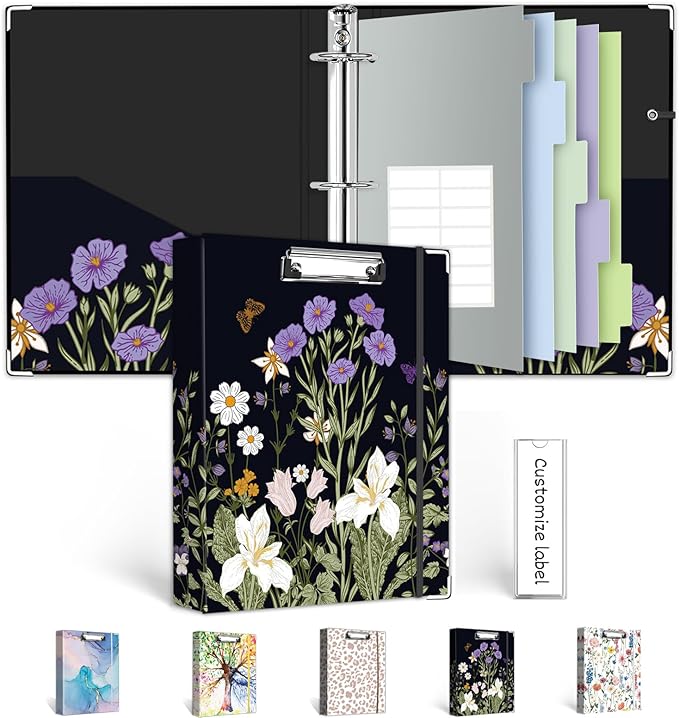 Mini Binder 3 Ring 1 Inch for 5.5"x8.5" Paper, Cute Small Three Ring Binders with Clipboard, 5-Tab Dividers, Spine ID Label Holder, BVSSX A5 Binder with Pen Holder, Black Weeds
