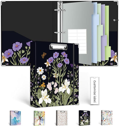 Mini Binder 3 Ring 1 Inch for 5.5"x8.5" Paper, Cute Small Three Ring Binders with Clipboard, 5-Tab Dividers, Spine ID Label Holder, BVSSX A5 Binder with Pen Holder, Black Weeds
