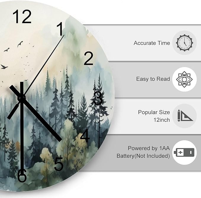 Forest Wall Clock 12 Inch Silent Non Ticking Clock Wooden, Watercolor Style Nature Mountain Woodland Green Forest Flying Birds Wall Clock Battery Operated Kitchen Bedroom Living Room Decor