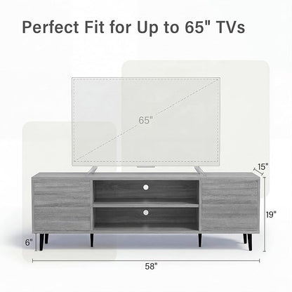 JUMMICO Mid-Century Modern TV Stand for 55-65 Inch TVs, 58 Inch Media Console with Storage, Entertainment Center with Push-Open Cabinets and Cable Management for Living Room (Grey, 58 Inches)