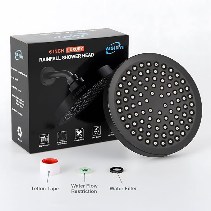 High Pressure Rainfall Shower Head, 6 Inches Luxury Modern Showerhead with Perfect Adjustable Replacement, Removable Restrictor, Easy Installation for Your Bathroom Shower Heads (Matte Black)
