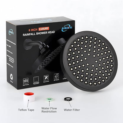 High Pressure Rainfall Shower Head, 6 Inches Luxury Modern Showerhead with Perfect Adjustable Replacement, Removable Restrictor, Easy Installation for Your Bathroom Shower Heads (Matte Black)