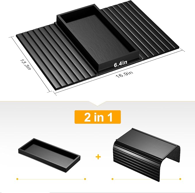 Bestjing Bamboo Sofa Armrest Tray Table for Couch - 2-in-1 Couch Arm Table with Be Slide Detachable Tray- Anti-Slip Foldable Sofa Armchair Caddy for Drinks Cellphone TV Remote Snacks (Black)