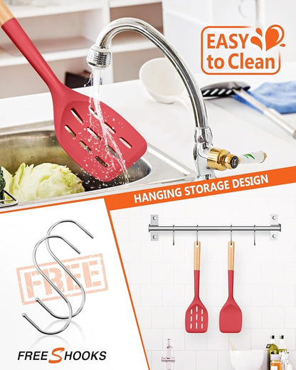 Pack of 2 Silicone Spatula, Non Stick Cooking Utensil Set Wooden Handle Kitchen Turner for Baking Mixing Grilling Serving Food Heat Resistant Non Scratch Hooks Included (Red)
