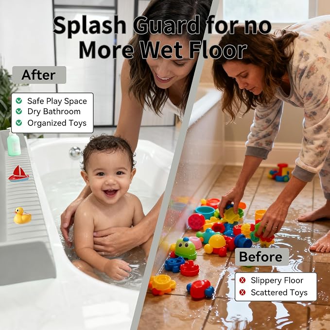 Bathtub Splash Guard for Tub Kids - 31IN Silicone Splash Guard with 11 Strong Suction Cups, Toy Tray Caddy Holder for Tub, Prevent Water Spills in Bathroom, Suitable for Kitchen Sinks and Bathtubs