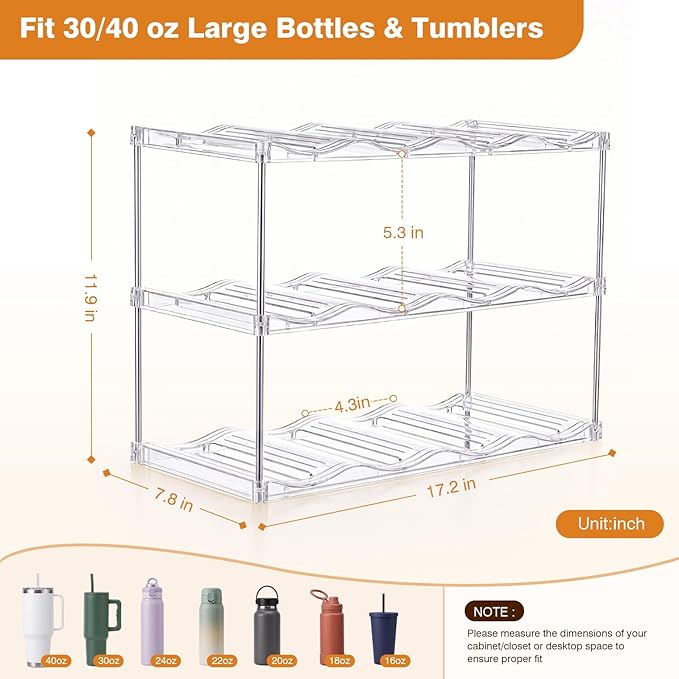 Large Compartment Water Bottle Organizer, Stackable Water Bottle Holder for Stanley 40 oz Tumbler, Clear Tumbler Organizer for Cabinet, Kitchen Pantry or Countertop, 3 Pack (3 Pack)