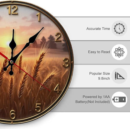Wall Clock， Rustic Sunset Wheat Field Non Ticking Wall Clocks Battery Operated， Brown Wooden Wall Clocks for Kitchen， Living Room， Bedroom， Office， Bathroom Decorative 25 * 25cm