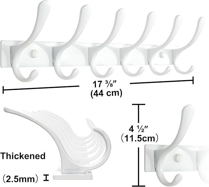 SKOLOO Heavy Duty Wall Mounted Coat Rack - 6 Hooks, Stainless Steel, Pack of 2, Sturdy Coat Hooks for Hanging Clothes, Jacket, Hat, White