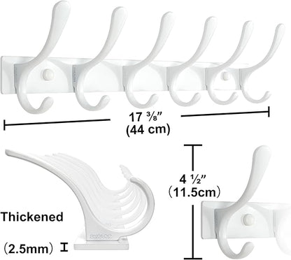 SKOLOO Heavy Duty Wall Mounted Coat Rack - 6 Hooks, Stainless Steel, Pack of 2, Sturdy Coat Hooks for Hanging Clothes, Jacket, Hat, White