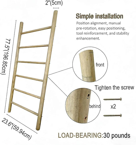 Wooden Blanket Ladder -77x24in Natural & Motley Wood - Leaning Wall Decor for Bedroom, Bathroom, Living Room - Rustic Quilt Holder & Towel Rack (77x24in | Knock Down,Light Wood Color)