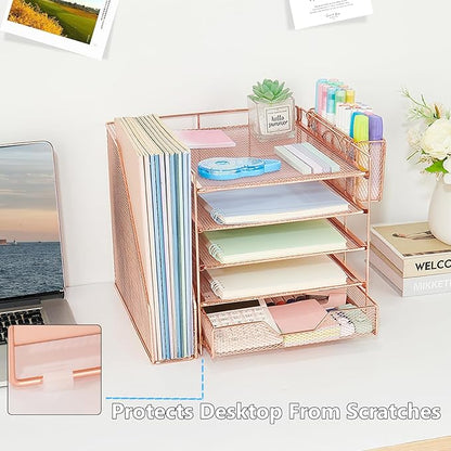 Desk Organizers and Accessories, 5-Tier Paper Letter Tray Organizer with File Holder, Drawer & Pen Holder, Office Desk Accessories, Desktop Organizer for Classroom Office Supplies, Rose Gold