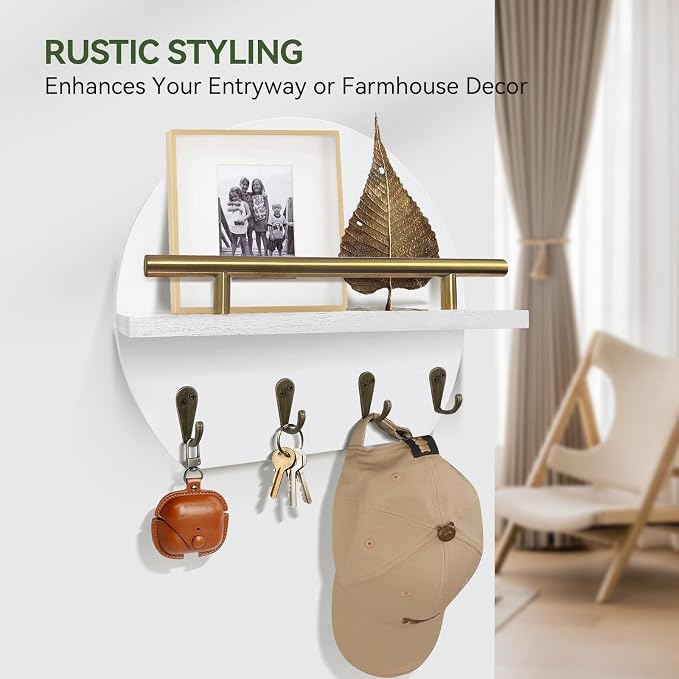 Key Holder Wall Mount Mail Organizer with Shelf & 4 Hooks, Semicircle Decorative Key Rack, Rustic Key Hanger for Entryway, Apartment Essentials, Home Decor Aesthetic