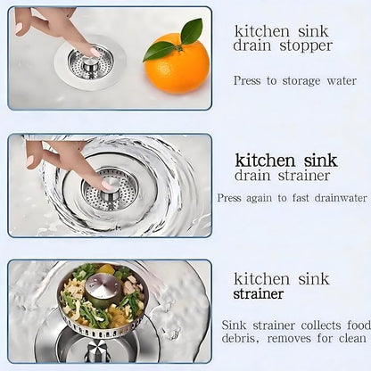 1Count 3-in-1 Kitchen Sink Drain Strainer & Stopper - SUS 304 Stainless Steel Pop Up Plug with Anti-Clog Basket & Odor Prevention, Fits US Standard 3-1/2'' Drain Hole