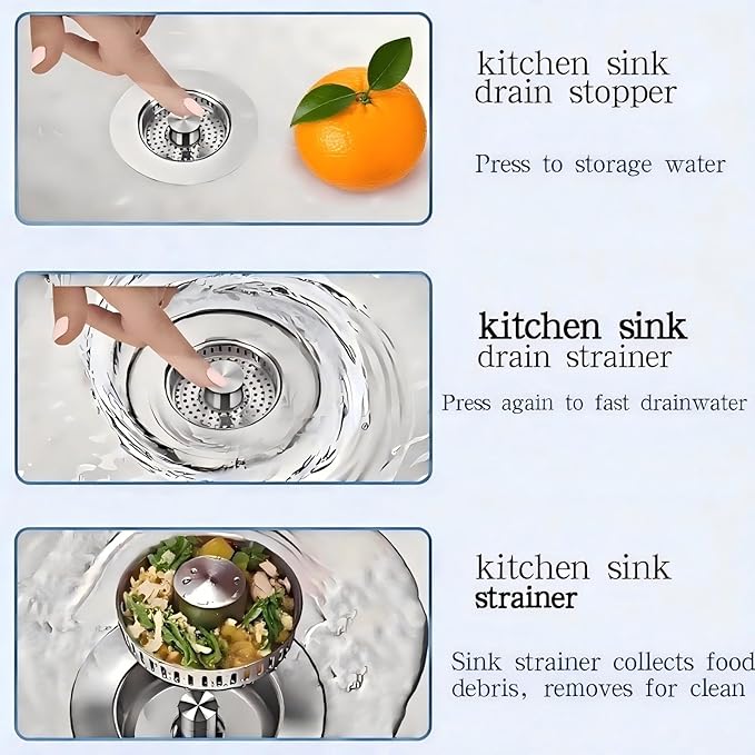 2Count 3-in-1 Kitchen Sink Drain Strainer & Stopper - SUS 304 Stainless Steel Pop Up Plug with Anti-Clog Basket & Odor Prevention, Fits US Standard 3-1/2'' Drain Hole