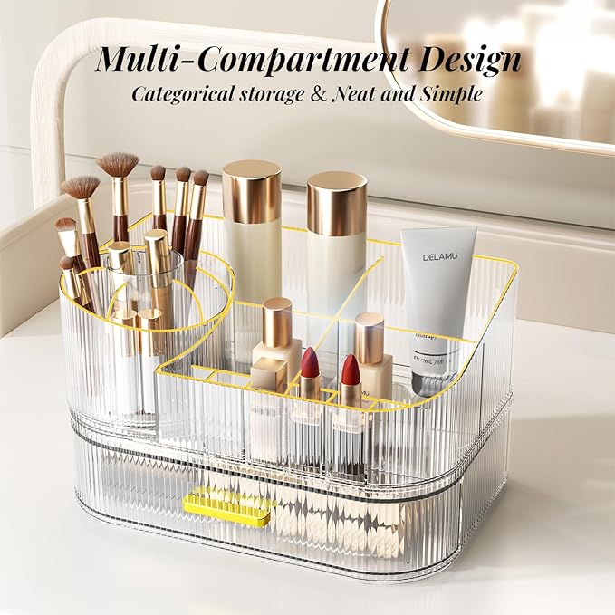 Delamu Makeup Organizer for Vanity with Stackable Drawers, 360 Rotating Makeup Brush Holder Large Cosmetic Display Case, Bathroom Skincare Storage, Crystal Clear, Ideal Christmas Gifts for Girls