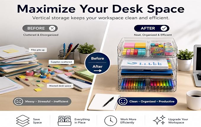 DCA 4 Tier Acrylic Desk Organizer with 4 Storage Bins, Clear Paper Tray Organizer for Letter Size Files, Office Desk Organization System for Documents, School Supplies & Accessories