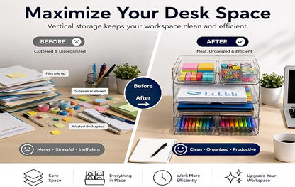 DCA 4 Tier Acrylic Desk Organizer with 4 Storage Bins, Clear Paper Tray Organizer for Letter Size Files, Office Desk Organization System for Documents, School Supplies & Accessories