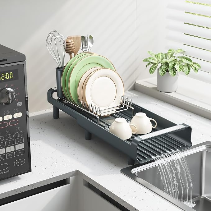 TOOLF Small Dish Drying Rack, Mini Expandable Compact Dish Rack, Slim Extendable Stainless Steel Dish Drainer for Kitchen Countertop, Space Saving Dish Strainer, Dark Slate Gray