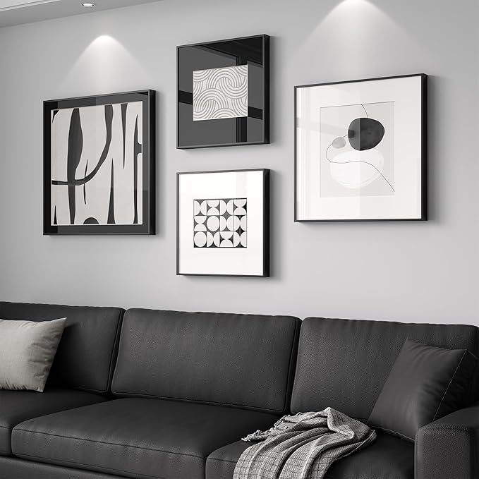 4 Piece Framed Modern Black and White Wall Art Set, Large Minimalist Abstract Canvas Picture Artwork Decor, Contemporary Line Gray Prints Painting for Living Room Hallway Bedroom Office
