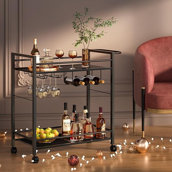 Bar Cart,Home Bar Serving Cart with Storage Shelves, 2 Tier Rolling Beverage Cart with Wheels, Modern Wine Cart with Wine Rack and Glass Holder for Kitchen, Living Room,Dinning Room,Black