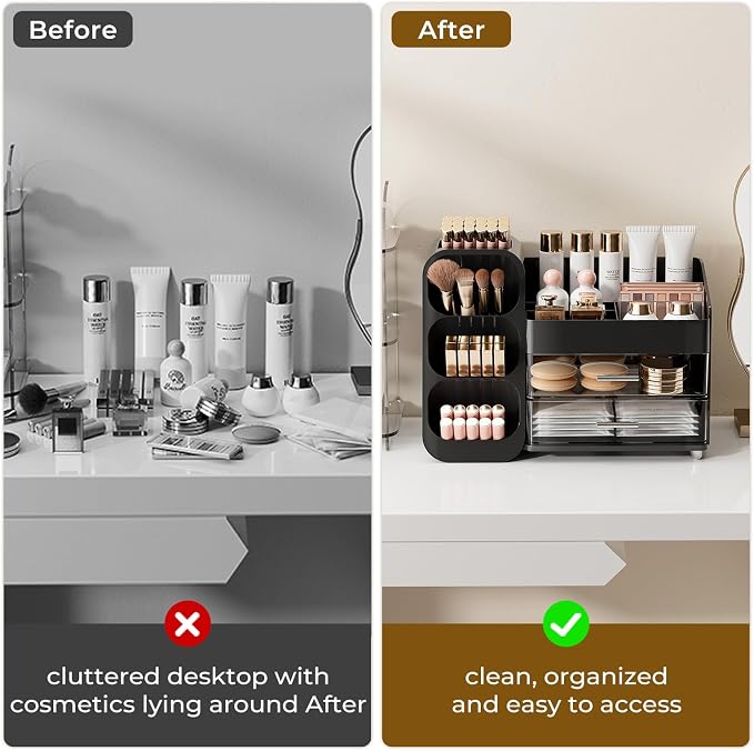 UFORU Makeup Organizer for Vanity with Brush Holder, Large Capacity Bathroom Countertop Skincare Organizer with 2 Drawers, Cosmetic Display Case for Perfumes, Eyeshadow Palettes, Nail Polishes
