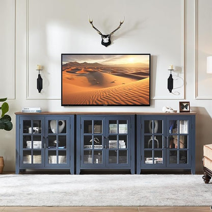 Large Sideboard Buffet Cabinet with Storage, 32" Farmhouse Kitchen Coffee Wine Bar Cabinet with 2 Glass Doors, Wood Mid Century Modern Side Board Table for Dining Room, Living Room, Navy Blue