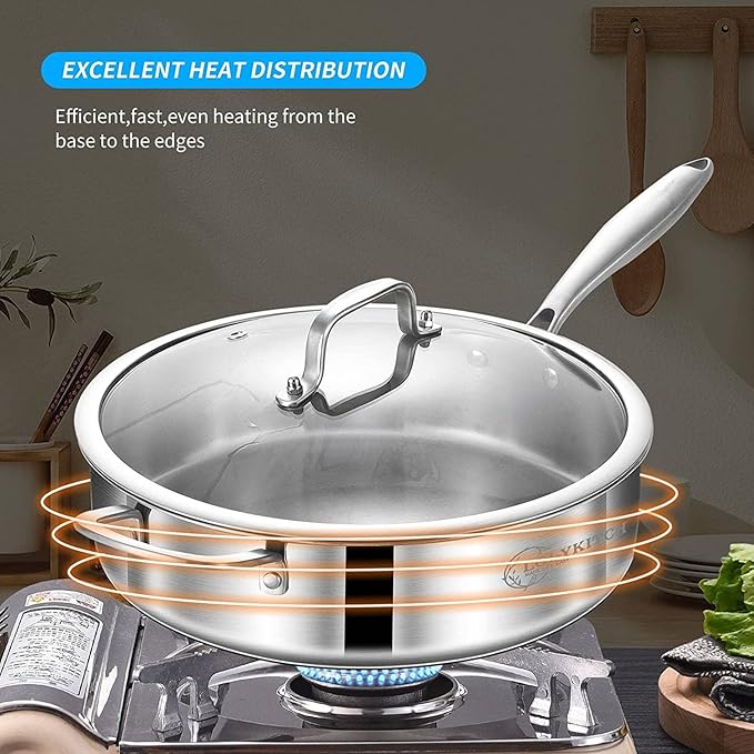 LOLYKITCH 10 Inch Tri-Ply Stainless Steel Sauté Pan with Lid,3 QT Deep Frying Pan,Small Skillet,Jumbo Cooker,Induction Cooking Pan,Dishwasher and Oven Safe,Detachable Handle