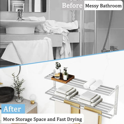 3 Tier Towel Racks for Bathroom Wall Mounted, 32 inch Bathroom Shelf with Towel Bar, Brushed Nickel Shelves for Towels, Stainless Steel Modern Silver Multi Holder