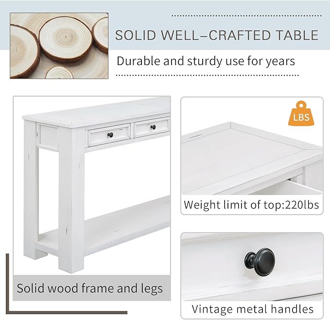 LKTART White Console Table,Solid Wood Sofa Table with 4 Drawers Hallway Table for Storage Entry Foyer Behind Couch Table,Easy Assembled (63" White)