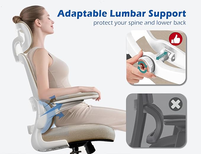 TRALT Ergonomic Office Chair - Desk Chair with Adjustable Headrest Lumbar Support Computer Chair - Mesh Comfy Chair with Flip-up Armrests - Gaming Chairs for Adults Home Office (PU Leather,Khaki)