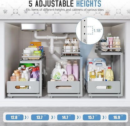 Under Sink Organizer Upgrade To Professional Rails,2-Tier Dual Pull Out Cabinet Storage,Height Adjustable Slide Out Drawers For Bathroom Kitchen,2 Pack-16.7"Dx12.8"-16.9"H,Gun Gray