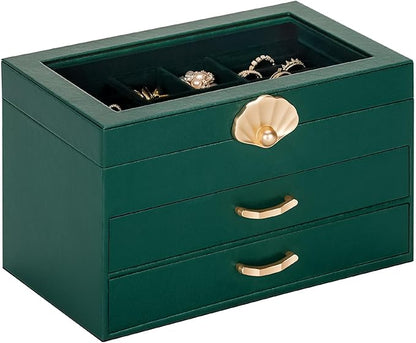 Jewelry Box with 2 Drawers: Display Organizer for Earrings Necklaces - Christmas Gifts for Girls Women (Forest Green)