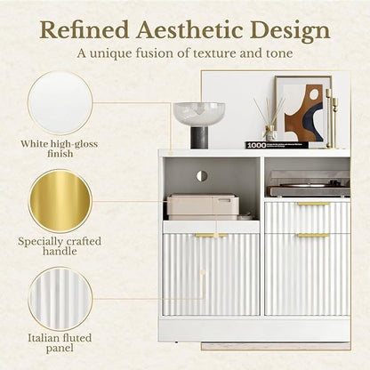 3 Drawer File Cabinet, Fluted Wood Lateral Filing Cabinet with Charging Station for Home Office, Fits for A4/Letter-Sized Files, Printer Stand with Open Storage Shelves, White