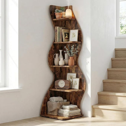 Arvolia 70 Inch Corner Bookshelf, Modern 5-Tier Small Bookshelf with Unique Curved Design, Freestanding Vertical Storage Shelf for Living Room, Bedroom or Home Office (Brown Modern)