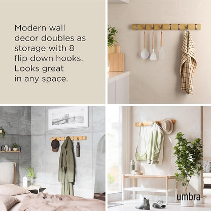 Umbra Flip Wall-Mounted Coat Rack with 8 Hooks – Modern, Space-Saving Storage for Hats, Jackets, Bags, Entryway, Mudroom, Closet, Bathroom, Bedroom – Natural/Nickel