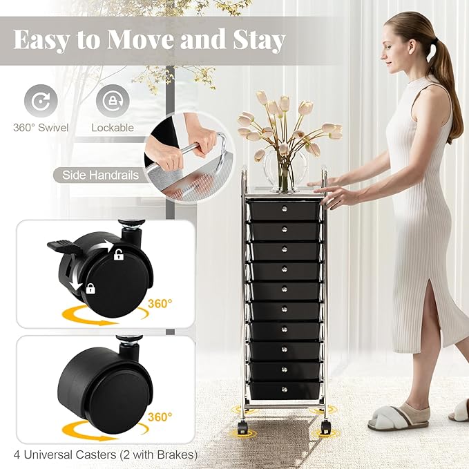 RELAX4LIFE 10-Drawer Rolling Storage Cart, Utility Cart with Metal Frame, Lockable Wheels & Removable Drawers, Multipurpose Art Craft Organizer for Home Office Classroom (Black)