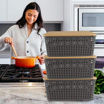 Onion and Potato Storage Bins Set,Potato and Onion Storage Bin for Pantry with Bamboo Lid&Handle,3 Pack Vegetable Storage for Onions,Potatos,Produce,Fruit,Bread,Snack Basket