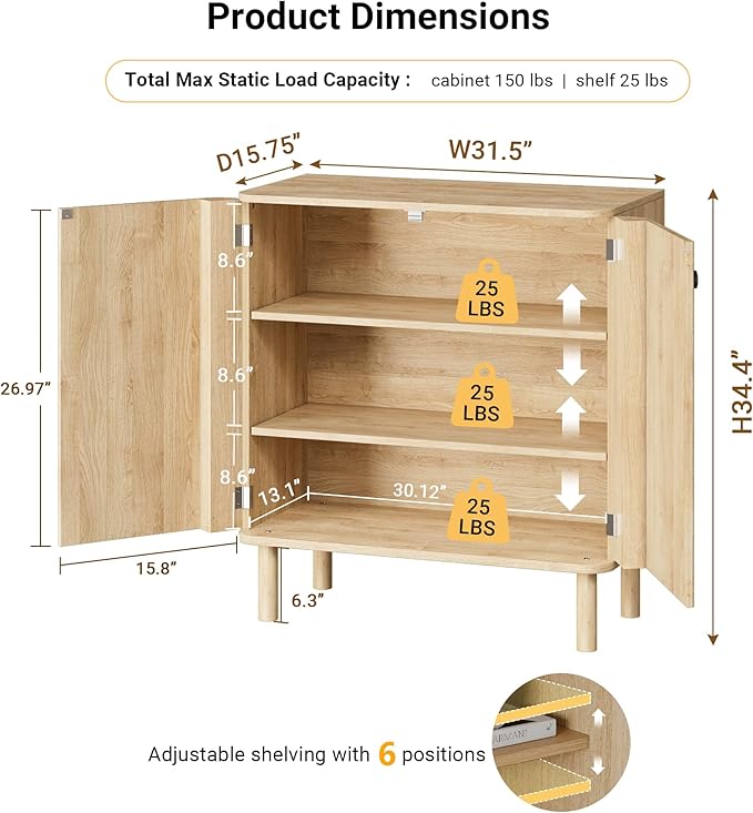 Fluted Sideboard Cabinet, Modern Buffet Cabinet, Small Storage Cabinet with Adjustable Shelves & Wood Legs, Accent Credenza Sideboard for Kitchen, Coffee Bar, Living Room, Entryway, Hallway