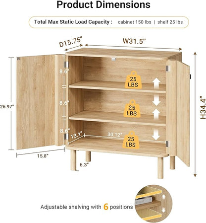 Fluted Sideboard Cabinet, Modern Buffet Cabinet, Small Storage Cabinet with Adjustable Shelves & Wood Legs, Accent Credenza Sideboard for Kitchen, Coffee Bar, Living Room, Entryway, Hallway