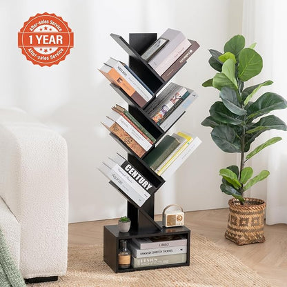 Yoobure Tree Bookshelf, 6 Tier Small Book Shelf Retro Floor Standing Bookcase, Wood Book Storage Organizer Rack, Tall Narrow Bookshelves for Corner/Bedroom/Living Room/Home Office, Black