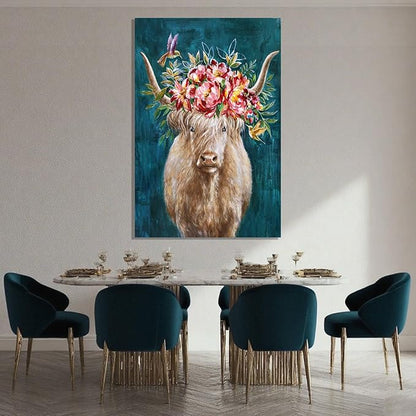 ZENPEE Abstract Modern Animal Wall Decor, Blue Highland Cow Wall Art, Rustic Farmhouse Canvas Decoration for Living Room or Bedroom, 32" x 48"