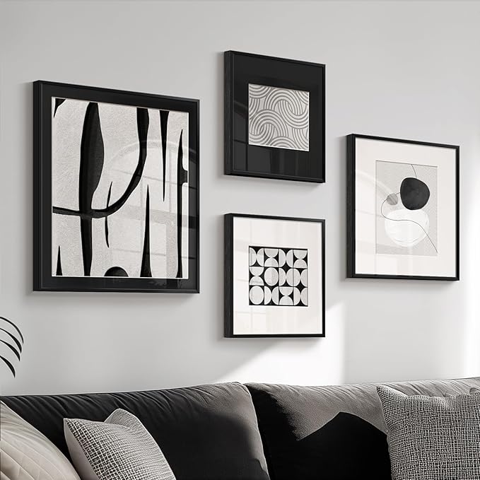 4 Piece Framed Modern Black and White Wall Art Set, Large Minimalist Abstract Canvas Picture Artwork Decor, Contemporary Line Gray Prints Painting for Living Room Hallway Bedroom Office